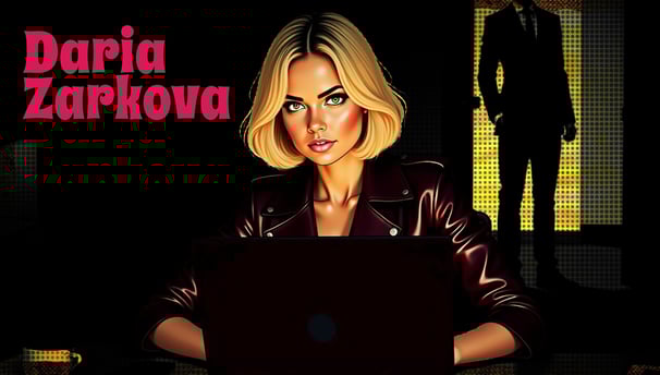 Daria Zarkova observa un USB conectado a su portátil, mientras Asher Crowe, en penumbra, descifra un código oculto en medio d
