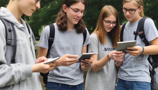 Group of students using tablets outside in a GPS based-treasure hunt.