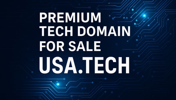 USA.TECH domain for sale banner with U.S. flag and tech circuit background