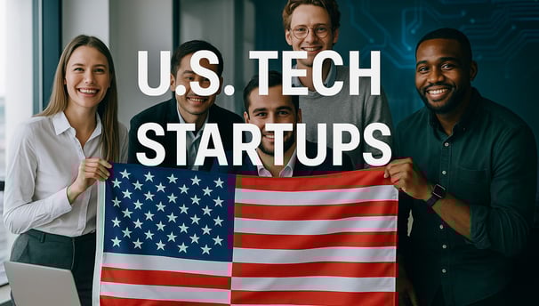 Group of diverse U.S. tech startup founders holding an American flag in a modern office setting