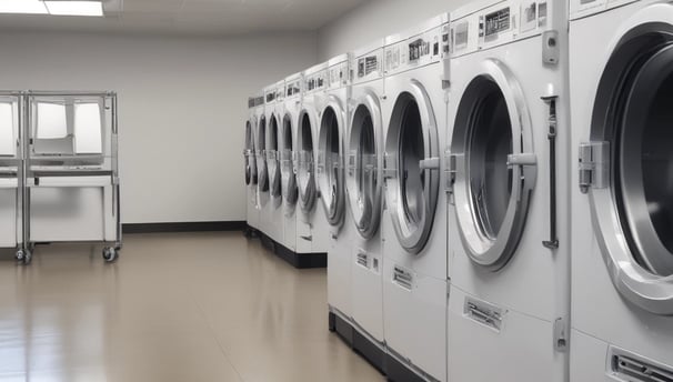 A dimly lit laundromat with industrial-style washing machines lining the wall. The floors are checkered and there are long, metal tables and a laundry cart in the foreground. Fluorescent lights cast a green hue over the scene, with minimal natural light coming from a small window.