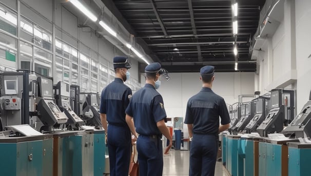 A security officer in protective gear stands in a city environment. The officer is wearing a black uniform, helmet, and sunglasses, holding a baton. The urban backdrop includes buildings and various signs with some visible text in a foreign language.