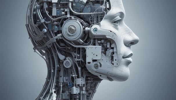 A futuristic and digital-themed image features a stylized circuit board with the words 'Open AI' in bold, glowing letters. Above it is a design that resembles an AI or robot face with neon accents. The background consists of a network of interconnected blue lines and nodes, suggesting themes of technology and connectivity.