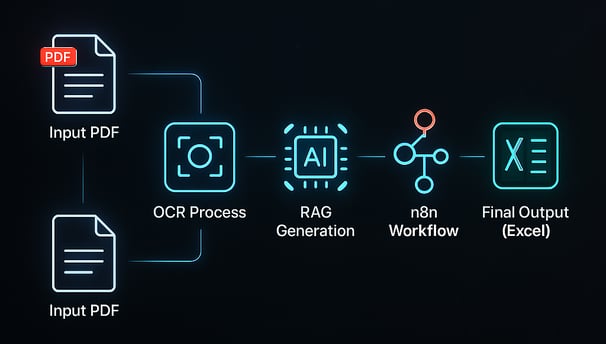 A sleek, modern AI automation workflow diagram in 3D perspective.