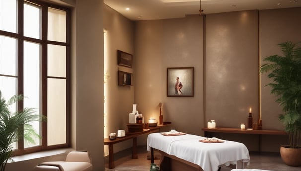 A minimalist spa room featuring a comfortable massage table with white sheets. The bamboo stalks attached vertically to the wall create an aesthetic, natural ambiance. Soft lighting enhances the calm and relaxing atmosphere, and a small stand with essential items is placed next to the table.