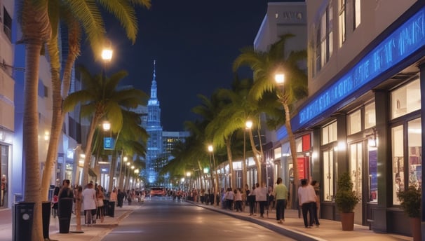 A vibrant beach scene featuring palm trees lining a boardwalk bustling with people walking, biking, and driving. On the right, a sandy beach is filled with colorful beach umbrellas, people sunbathing, and waves crashing in the ocean. Buildings and storefronts are visible on the left, and the atmosphere is lively and busy.