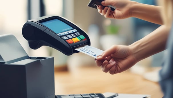 A person is making a payment using a credit card on a small, square card reader connected to a modern point-of-sale system at a minimalist counter. Another person is standing nearby, possibly a cashier, wearing a grey t-shirt. Sunglasses rest on the counter, and the background features a simple, white decor.
