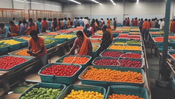 A spacious industrial facility with metal machinery and equipment, featuring a production line with a focus on textile processing. Brightly colored fabrics are moving through the machines, and there are large rolls of fabric and textile materials nearby. The environment is clean and organized, with a high ceiling and visible ductwork.