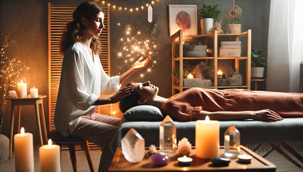 Терапевт проводит сеанс энерготерапии с клиентом, который комфортно лежит на столе.