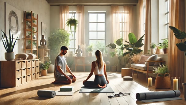 Спокойный сеанс йога-терапии в светлой и просторной студии