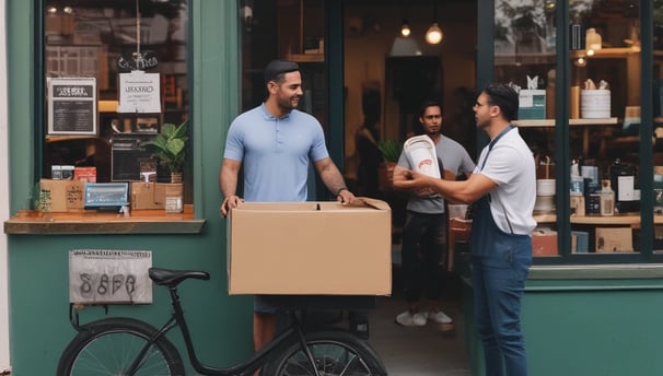 A black and white photograph captures a delivery scene where a man is unloading or organizing parcels from a truck. The back of the truck is open, revealing a variety of packages. In the background, there's a store with a prominent sign displaying 'GIOR' and numerous clothing items and mannequins visible inside. The street is busy, with another cart positioned near the truck.