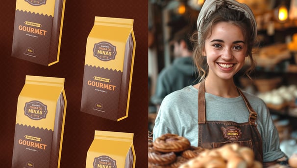 Coffee packaging and woman with apron with the visual identity Empório Coisas de Minas applied