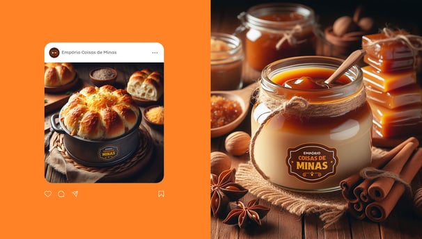 Post for social media and jar of dulce de leche with the visual identity Empório Coisas de Minas