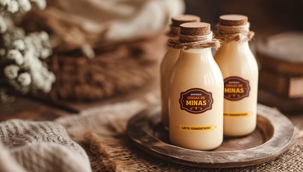 Bottles of fermented milk with the Empório Coisas de Minas logo