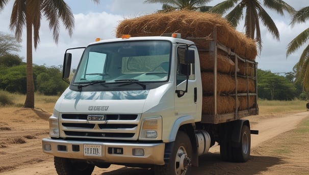 Workers are engaged in loading a truck with large green watermelons in an open field. Several people are standing on or near the truck, coordinating the loading process. The scene is set in a rural area with green vegetation surrounding the activity.