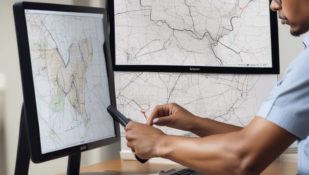 A person is seated at a desk using a computer monitor and holding a smartphone. The monitor displays a , and the desis equipped with a keyboard, a digital clock displaying the time 6:34, and a desk lamp.