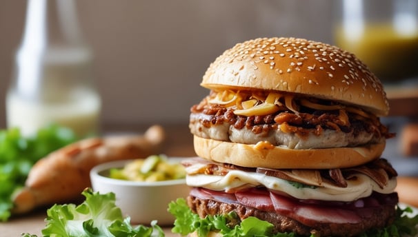 A sesame seed hamburger bun sandwiching layers of lettuce, ham, and a fried egg, neatly presented on a textured blue plate. The plate also contains a serving of potato wedges, and in the background, a decorative red rose with green leaves and purple accents adds a touch of elegance.