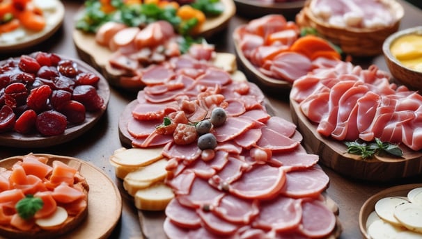 A table is set with a variety of charcuterie and cheese. There are neatly arranged slices of prosciutto, ham, and other cured meats, next to a bottle of wine. Adjacent is a plate of sliced cheese, ranging from mild to aged. The setup is completed with an electric grill in the background, suggesting preparation for a meal.