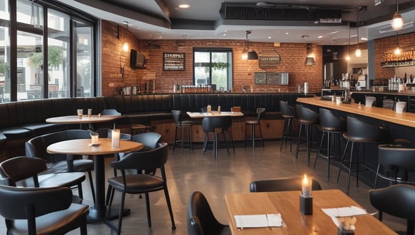 A modern restaurant interior with several people dining at tables. The ceiling is dark textured, and the lighting gives a warm and cozy ambiance. The seating consists of upholstered chairs and wooden tables. The decor includes wooden elements and indoor plants. There are large windows along one side, allowing natural light to enter during the day.