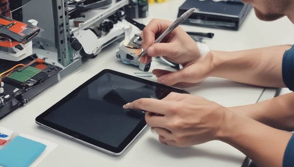 Two hands are exchanging a smartphone over a glass counter. The screen of the phone is cracked, indicating possible damage or need for repair. One person is wearing a brown shirt, and the counter displays other phones and electronic devices.