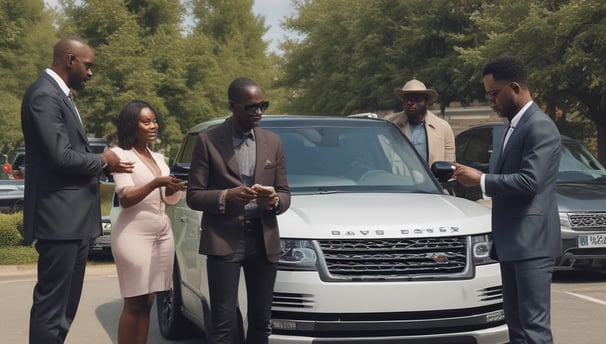 A congested urban street with various delivery trucks and a yellow taxi in separate lanes. Large vehicles, including Penske and U-Haul trucks, dominate the scene, surrounded by tall buildings. Pedestrians are visible on the sidewalks, adding to the bustling city atmosphere.
