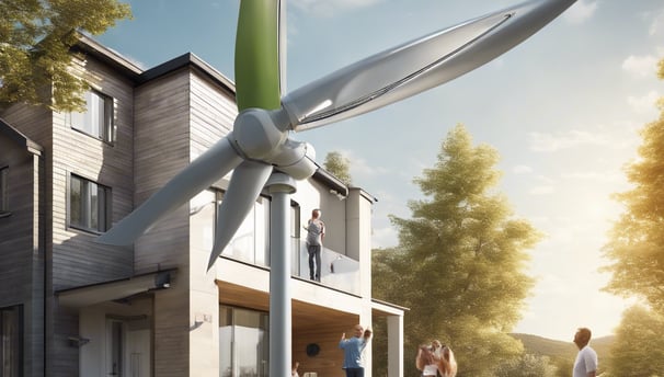 Numerous wind turbines are installed in a wide expanse of flat, barren land under a bright blue sky. The turbines are spread out evenly, with some facing slightly different directions. The ground below appears wet, possibly from recent rainfall or being part of a tidal flat.