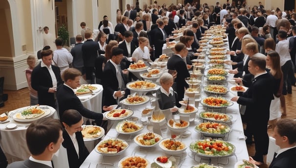 a large group of people standing around a long table