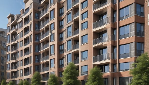 A modern multi-story building with numerous windows, featuring a central entrance labeled 'Leasing Office'. A pathway leads up to the entrance, bordered by manicured plants and palm trees. A zebra crossing stretches across the asphalt road in front of the building.