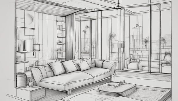 a drawing of a living room with a couch and a coffee table