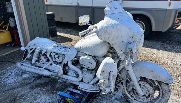 Harley Davidson Street Glide covered in snow foam at ProPolish