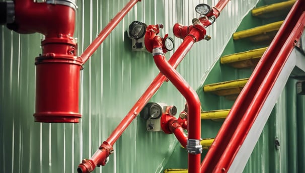 A bright red firefighting pipe system is installed along a staircase with green and white walls. The pipes include prominent valves and connectors, and a yellow gas pipe runs parallel to the firefighting system. The stairs have wooden steps and white railings.