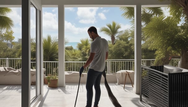 A tiled floor with visible dirt and cleaning solution being cleaned by a circular floor cleaning machine. The tiles are light brown with noticeable dirt in the grout lines. The cleaning machine has a blue and black circular head connected to a metal handle and hose.