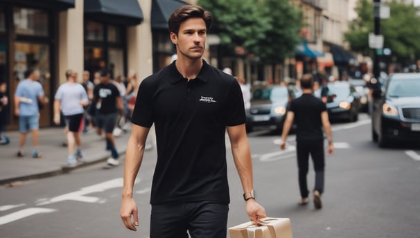 a man walking down the street with a parcel box