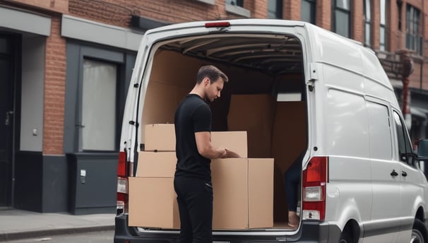 a man standing in front of a van with boxes