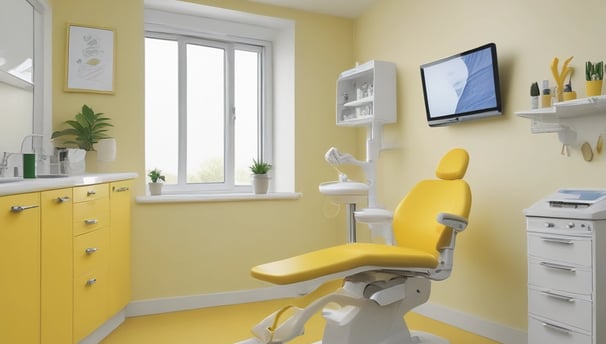A bright and modern dental clinic room with turquoise dental chairs and equipment. The room is well-lit, featuring a large window with blinds on the right. Cabinets with drawers, decorative plants, and art pieces on the wall enhance its aesthetic appeal.