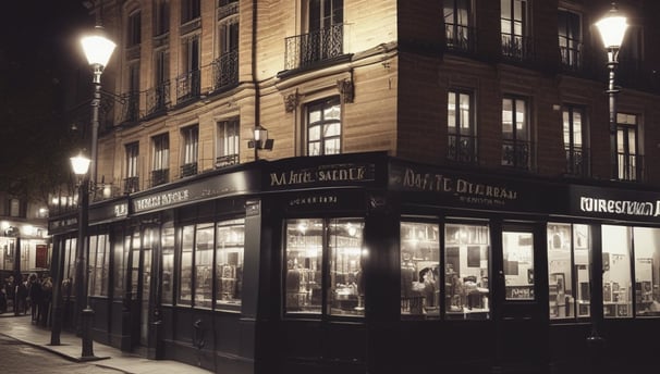 A picturesque Parisian street features a charming café brasserie adorned with festive lights and floral decorations. Several tables with woven chairs are set for diners along the sidewalk. The scene is framed by classic European architecture with wrought iron balconies.
