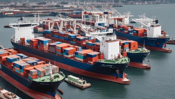 A large cargo ship loaded with numerous shipping containers stacked in various colors and brands, floating on a body of water. The containers display logos like MAERSK and MSC. The vessel's hull is visible, painted in a dark color with a visible watermark on its side.