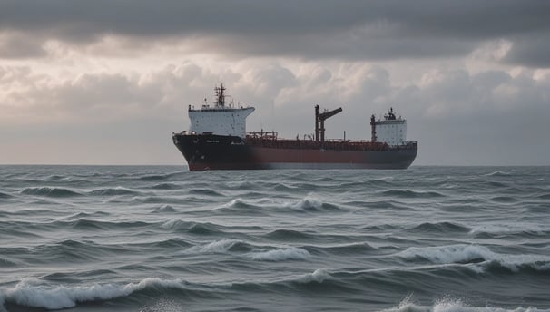 A green and white ship is sailing through calm, dark blue waters. The vessel appears to be equipped with various industrial machinery on its deck, indicating it might be a workboat or a dredger.