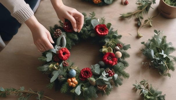 A geometric gold wire wreath is adorned with eucalyptus branches and green leaves scattered around a white background. Small, delicate white flowers are interspersed among the greenery.