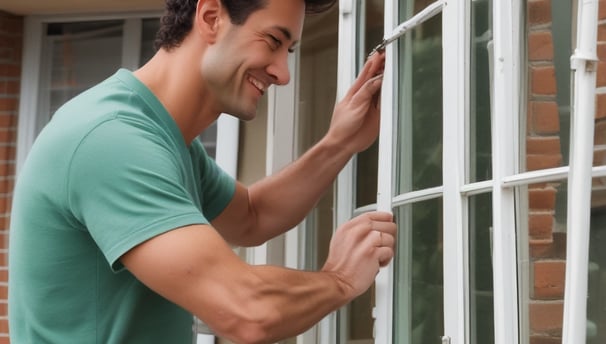 A closed window is secured with white tape arranged in an X pattern. Behind the window, there is cardboard blocking part of the view, and a paper note with the word 'CAUTION' is taped to the glass. The background wall is beige, and the overall setting appears to be an exterior scene.