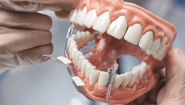 a table topped with fake teeth and dental tools