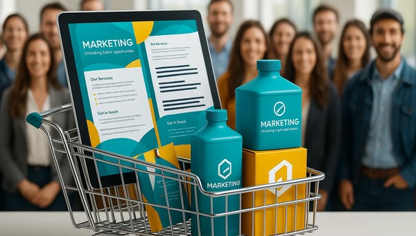 Écran affichant un visuel marketing dans un panier, avec une équipe floue en arrière-plan