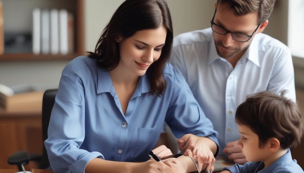 A neon sign with the words 'Empower Women' in bright blue letters against a dark background. The lettering is surrounded by an artistic design of neon orange loops, adding a decorative touch to the sign.