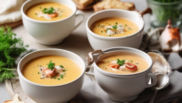 A bowl of soup with rich ingredients including a large mushroom, sliced vegetables, and fresh herbs. The bowl is ornately decorated with a traditional pattern and the background is a plain teal color, enhancing the focus on the dish.