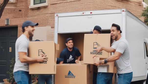 a group of men moving boxes into a moving truck