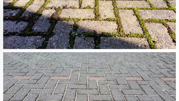 a close-up of a brick paved driveway showing before and after cleaning.