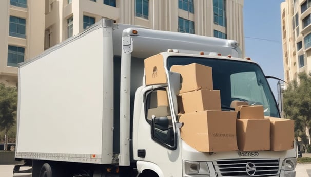 A busy city street scene with moving and delivery trucks parked alongside, surrounded by various equipment and boxes. Traffic cones and barricades labeled 'DANELLA' line the roadway. Several vehicles, including a white car and a red moving truck, are visible. Pedestrians and large buildings flank the street.