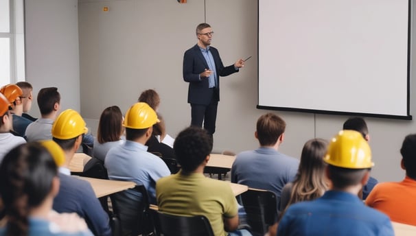 A large group of people are gathered in a conference room for a 'Sensitivity Training' session. Most attendees are wearing face masks. The room is decorated with chandeliers and a large screen displaying the title of the seminar. Attendees are dressed in various colorful garments.