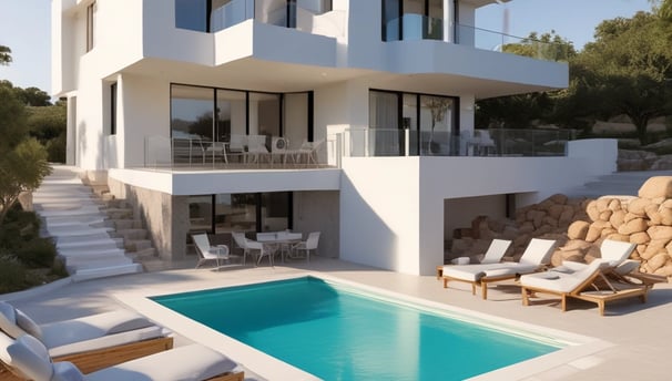 A luxurious two-story villa with a red-tiled roof surrounded by lush tropical greenery and tall palm trees. The building features white arches and a spacious balcony. A manicured garden and a cobblestone path enhance the scenery.