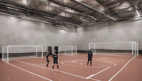 A spacious indoor recreational area with wooden flooring, featuring a foosball table, ping pong tables, and wooden tables and chairs. Large windows line one wall, allowing natural light to fill the space.